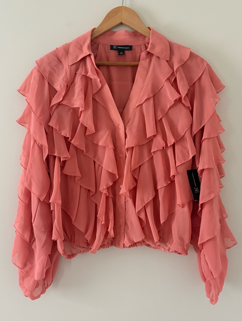 INC International Concepts Ruffle Blouse French Peach Sheer Romantic Top Medium